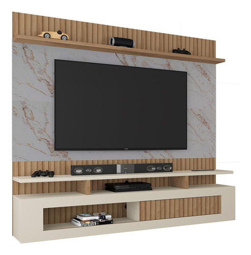 Painel Tv Até 65 C/ Porta Flex De Vidro Multimóveis Cr45207 Cor Canelato Rústico 3D/Granit/Natura Off White