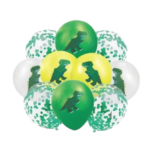 Set 10 Globos Latex Dinosaurio Confetti Feliz Cumple