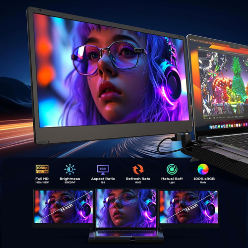 Monitor Portátil Triple F3, Pantalla De Rotación 360 De 14 P