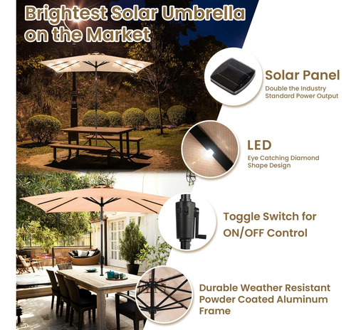 Sombrilla De Patio Rectangular Solar Led Negro 9x7ft 99in Al