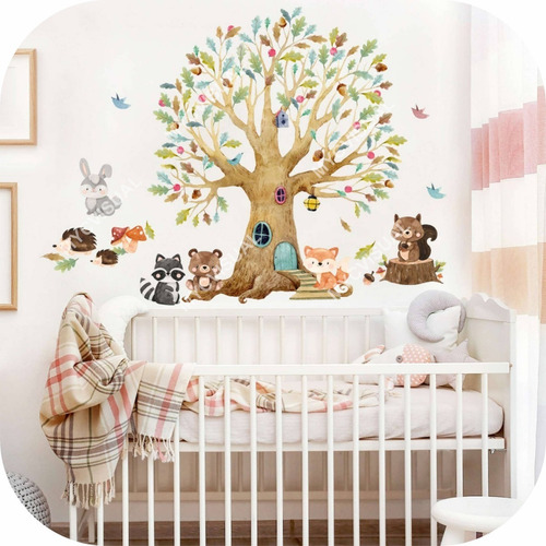 Vinilo Decorativo Infantil Arbol Y Animales Del Bosque Bebe