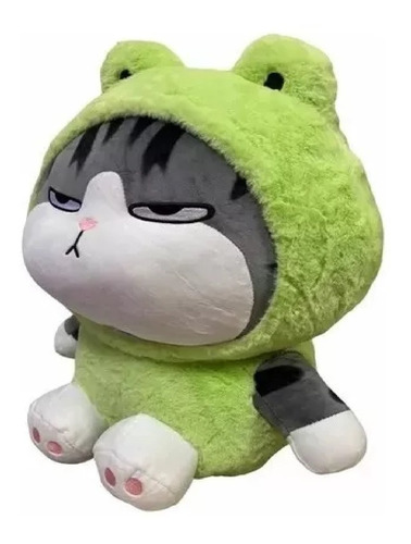 Peluche Gatito Kawaii Enojado Con Disfraz Ranita Verde Suave