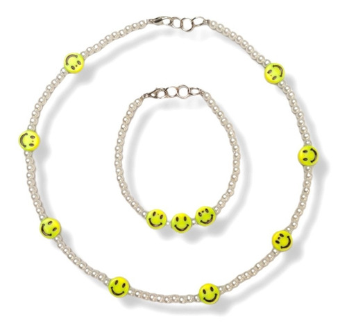 Conjunto Collar Pulsera Caritas Smile Amarillas Perlas 4mm