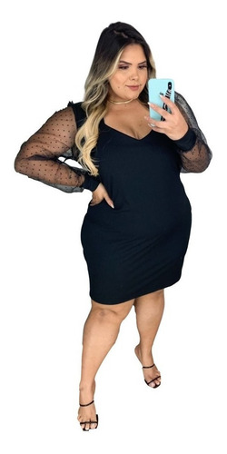 Imagem 1 de 4 de Vestido Preto Plus Size Malha Canelada Manga Poá 46 Ao 54