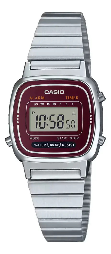 Relógio de pulso digital Casio LA670WA-4DF com corria de aço cor prateado - fondo bordô