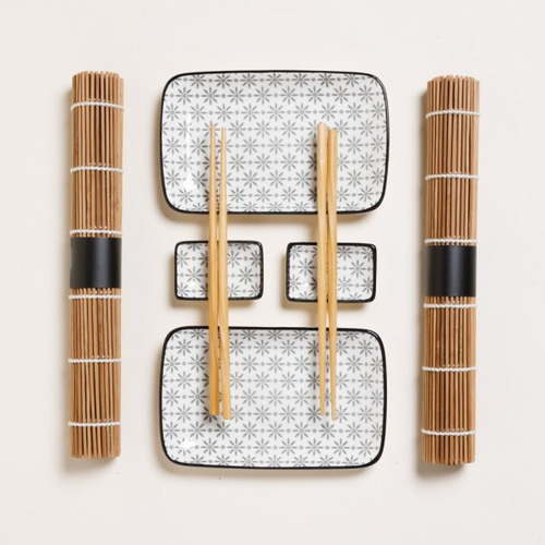 Set Para Sushi De Ceramica Para Dos Personas Ideal Verde Gris Floreado
