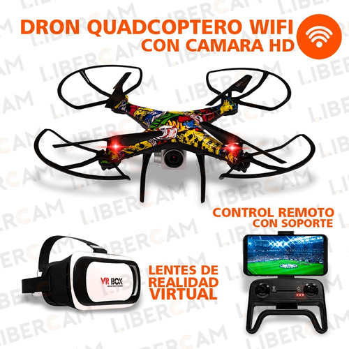 Drone Cuadricoptero Dual Camara Hd Wifi Libercam DRON-VR Transmite Al Telefono Luz Led + Lentes