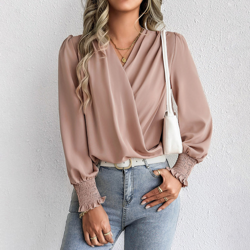 Camisa Feminina De Chiffon Com Decote Em V Lantern Commuting