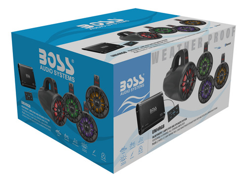 Boss Audio Uni4rgb Atv Utv Estéreo 4 Ipx5 Altavoces Marinos (x4) + Amplificador Bluetooth 4 Canales Resistente A La Intemperie