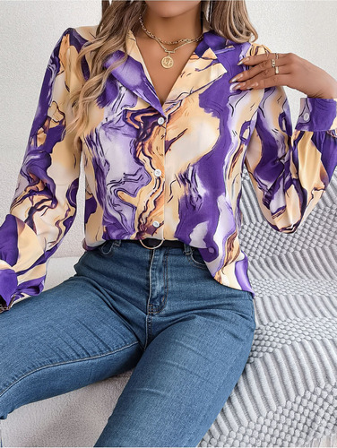 Blusa A Rayas De Mangas Largas Y Cuello Solapa Para Mujer