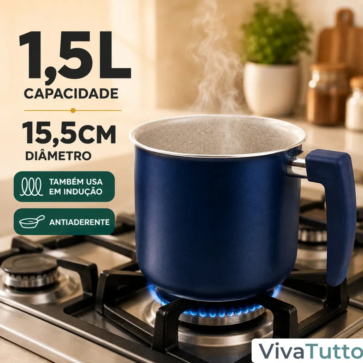 Fervedor Azul 1,5L Leiteira Antiaderente Revestimento Cerâmico Fogão a Gás Indução VIVATUTTO