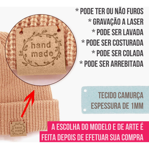 100un. - Etiquetas Tags Couro Camurça Personalizado Crochê