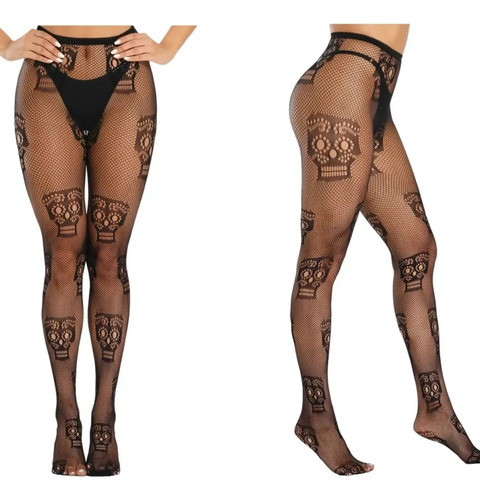 Imagen 4 de 6 de 2 Pantimedias Medias Largas Calavera Malla Mujer