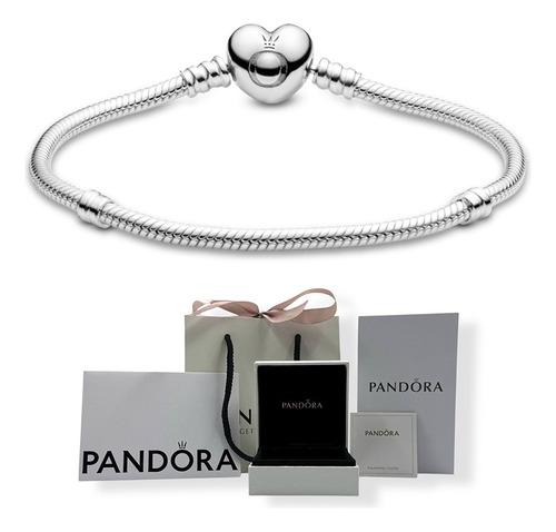 Brazalete Pandora Cadena De Serpiente, Broche De Corazón, Og Plateado 16 Cm