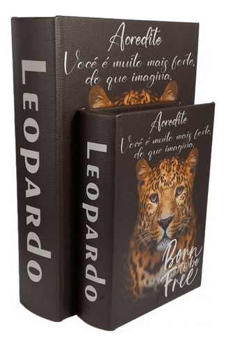 Conjunto Com 2 Caixas Livro Decorativo Em Madeira Leopardo