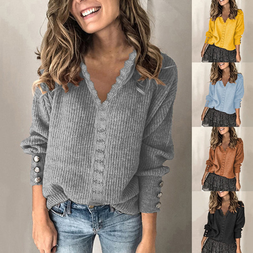 Suéter Elegante Combinable Con Botones Y Encaje Para Mujer