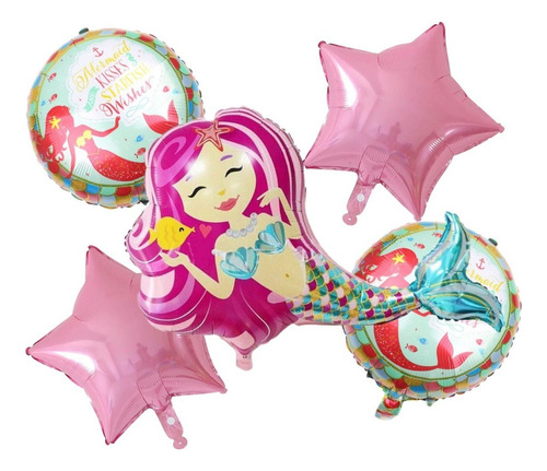 Kit 5 Globos De Sirena Y Estrellas Rosas