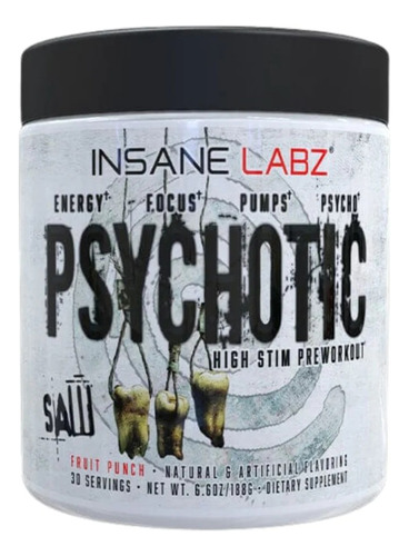 Suplemento en polvo Insane Labz  Psychotic SAW cafeína sabor fruit punch en pote de 188g