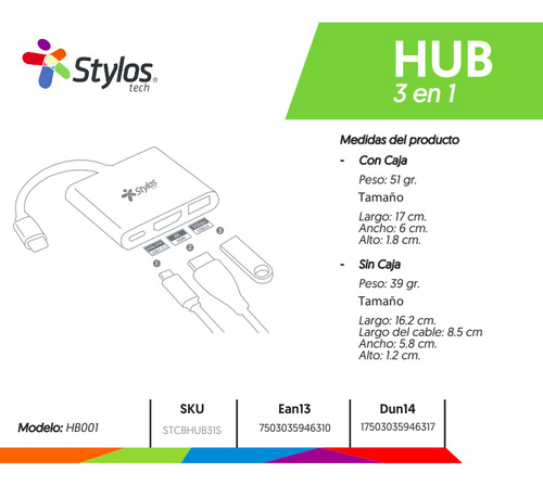 Hub Stylos Tech STCBHUB31S De Usb-c A Puerto Hdmi, Usb A 3.0, Usb C