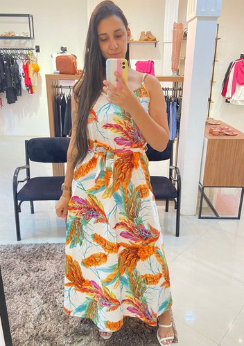 Vestido Longo De Alcinha Com Cinto Estampado Florido Verão