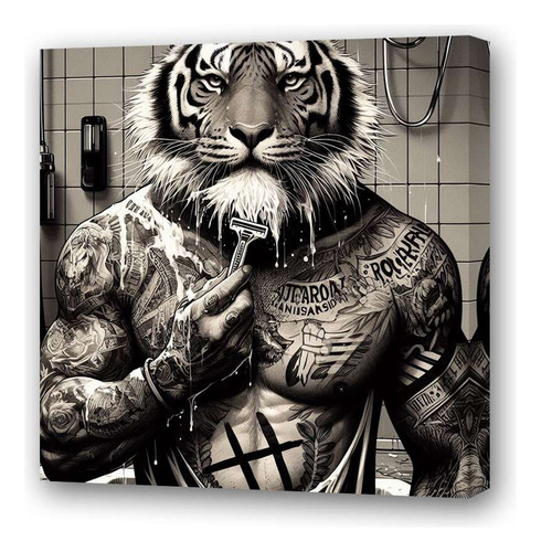 Cuadro 60x60cm Tigre Afeitandose Blanco Y Negro Tatuaje