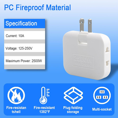3 Adaptador Enchufe Multiple 10a 180 Grados Plano Universal