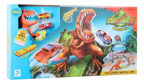 Autopista Con Lanzador Y Dinosaurio Sonidos Carros De Metal Color Azul y naranja