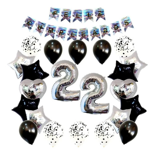 Kit Decoración Feliz Cumpleaños Bombas Plata Y Negro+numeros