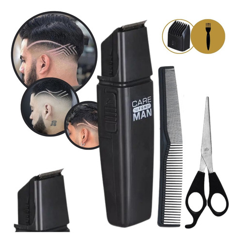 Kit Máquina De Cortar Cabelo A Pilha Com Tesoura E Pente Cor Preto