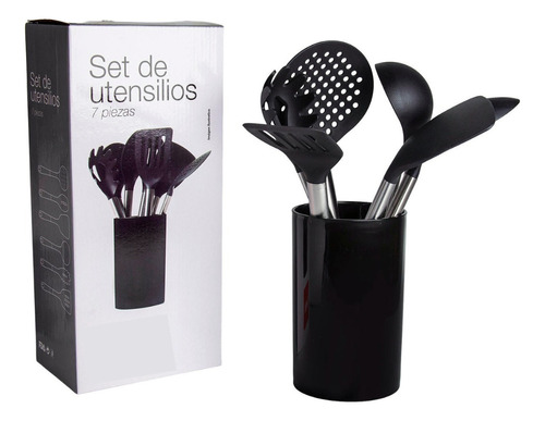 Set X 7 Kit De Utensilios Con Recipiente Cocina Mango Madera