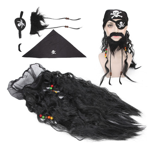 False Beard Black Pirate Fake Moustache Set Wig Headscarf