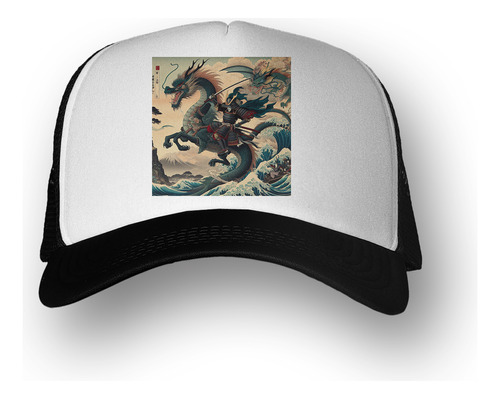 Gorra  Samurai Dragon Caballo En Gran Ola Arte