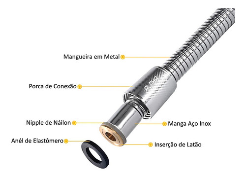Engate Flexível Mangueira Chuveiro Ducha Higiênica 180 Cms º Acabamento Cromado Brilhante Cor Prateado