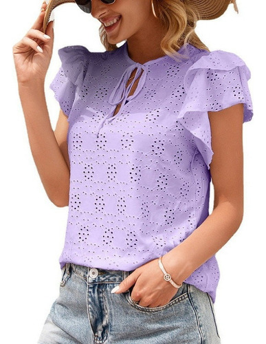 Blusa Mujer Cuello V Con Cordón De Manga Mariposa Hueco