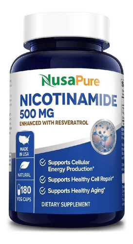 Nicotinamida 500 Mg (b-3) Nusapure 180 Capsulas Vegetarianas Sabor Neutro