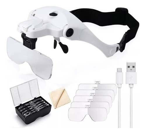Lentes Lupa Luz Led Usb Recargable Para Pestañas Manicura En La Cabeza Manos Libres Con 5 Lentes Desmontables De 1x,1.5x,2x,2.5x,3x Lupa Con Diadema Con Luz Led