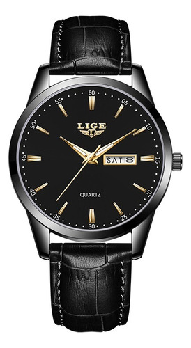Reloj De Cuarzo Lige LG8970 de Hombre Pulsera De Cuero Correa Negro Bisel Negro Fondo Negro