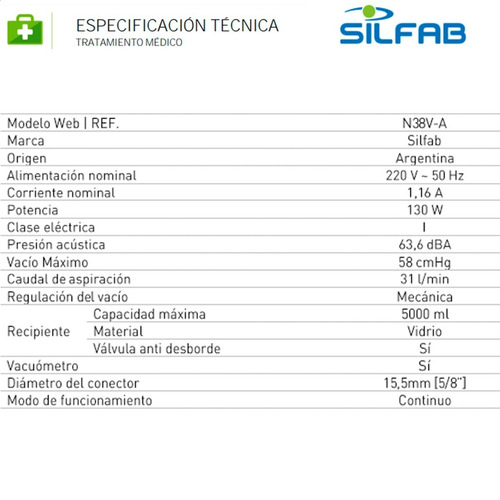 Imagen 3 de 6 de Aspirador Continuo 5 Litros Silfab N38v Con Vacuometro