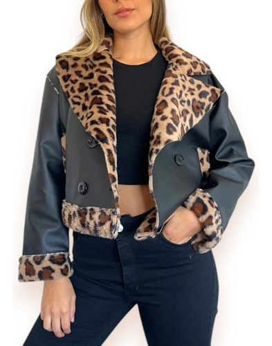 Campera Gamulan Eco Cuero Forrada En Corderito Animal Print