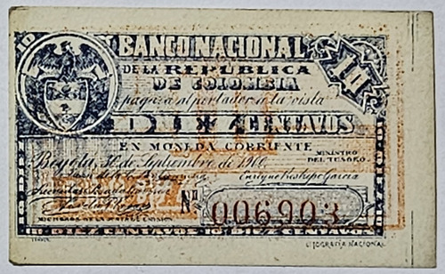 Billete 10 Centavos 30/sep/1900 Banco Nacional Colombia Au