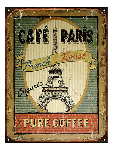 Cartel De Chapa Vintage Retro Paris Cafe Torre Eiffel M325