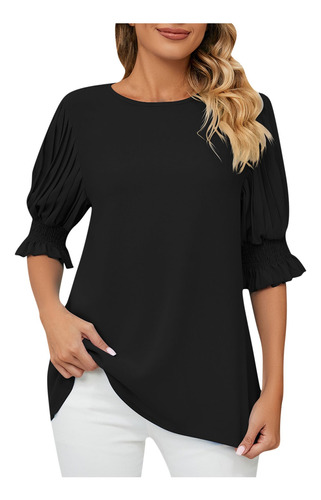 Blusas De Mujer Con Cuello Redondo Y Volantes Lisos, Manga P