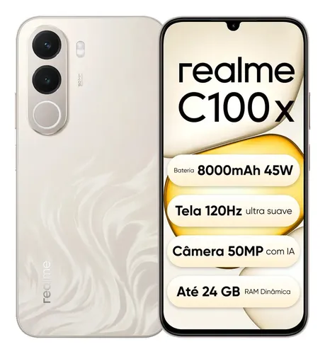 Celular Smartphone Realme C100x 256gb 8gb Ram (+16gb Ram Virtual Boost), Bateria Titan 8000mah 45w, Tela Ultra Suave 120hz, Campeão Em Fluidez, Câmera 50 Mp, Ip64,next Ai, apenas n