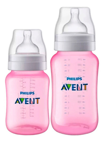 Kit 02 Pcs Mamadeira Classica 260/330ml Avent Rosa