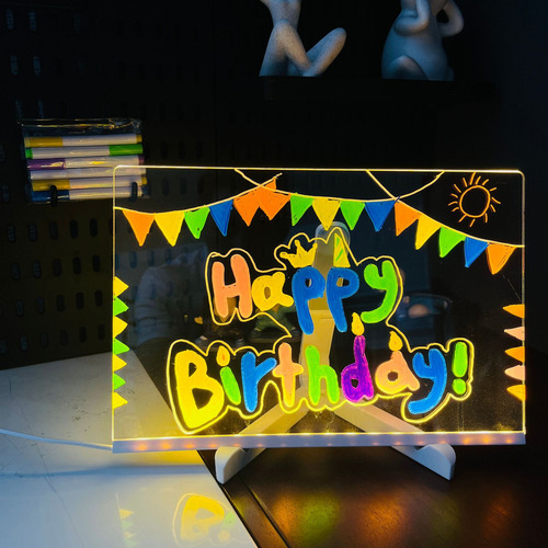 20*20cm Tablero De Dibujo Led Para Niños, Acrílico Transparente, Doble Cara, Borrable En Seco, Con Base Ajustable, Incluye 7 Plumones Fluorescentes, Luz Led Multicolor Y Nocturna