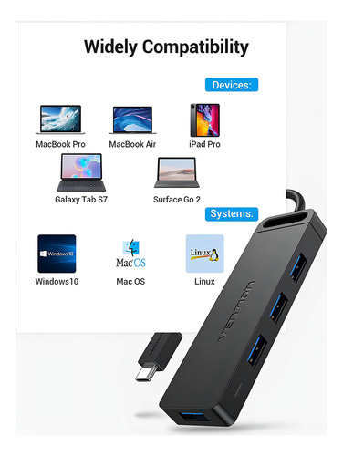 Hub Usb C Vention Multipuerto - 4 En 1 - Usb C A 4 Puertos Usb 3.0 - 5gbs - Premium - Teclado / Disco Rigido / Mouse / Pendrive / Impresora / Pc / Notebook / Para Macbook Thunderbolt / - Tgkbd