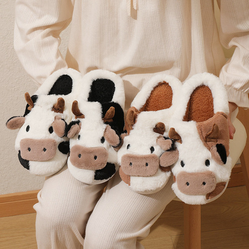 Zapatillas Unisex De Felpa Cálidas Con Forma De Vaca Con Dib