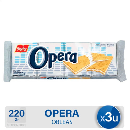 Obleas Opera Rellenas Blister Galletitas Bagley - Pack X3