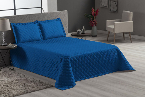 Cobre Leito Cama Casal Queen 3 Peças Matelado Azul Royal