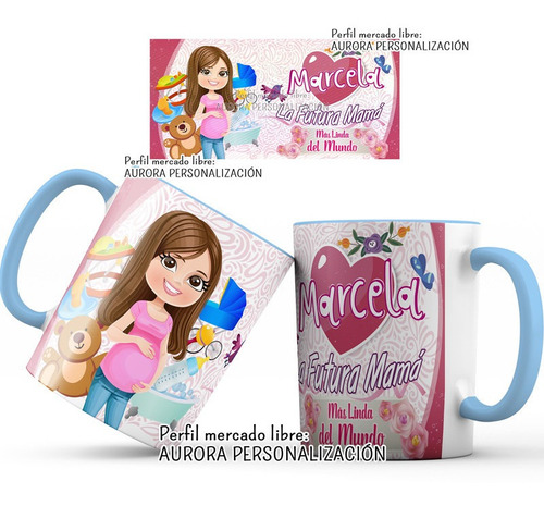 Mug Mamá Nombre Personalizado Pocillo Interior Oreja Azul 03